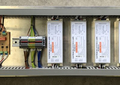 Custom built ultra violet lighting system to be installed into a commercial grade canopy extraction unit. Design includes safety cut off device integration, UV condition alert system, and digital touch control screen