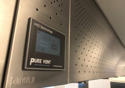Custom built ultra violet lighting system installed into a commercial grade canopy extraction unit. Design includes safety cut off device integration, UV condition alert system, and digital touch control screen