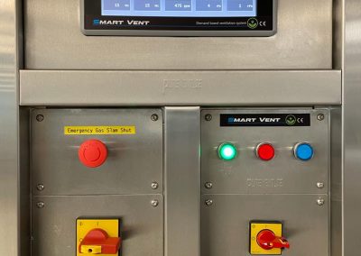 Design, build and commissioning of an industrial DCV control system. The system monitors activity on the cook line using an array of sensors and varies fan speeds using a programmed algorithm to substantially reduce associated energy costs