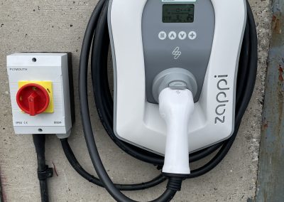 22kW 3 phase EV charging station installation. With onboard load balancing charge current is automatically and continually adjusted in response to on-site generation and grid power consumption